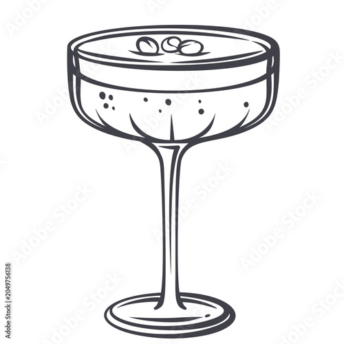 Espresso martini cocktail in coupe glass with coffee foam and three beans on top in monochrome outline. Bar menu, evening drink card and cocktail design with espresso martini, vector illustration