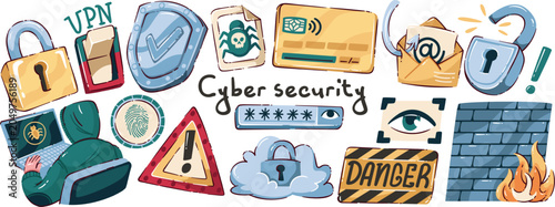 Cyber Security Warning Set with locks, password field, shield, phishing mail, danger signs, firewall, cloud access, hacker threat icons, doodle vector illustration