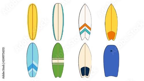 Bild auf Leinwand Set of colorful surfboards and bodyboard viewed from above