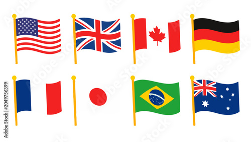 Fotografía Set of waving national flags on poles in colorful vector style