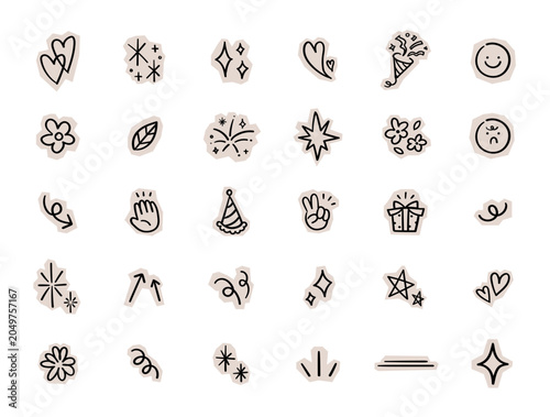Doodle-style icon set drawn on cut-out beige kraft paper. Doodle illustration stickers for decoration.
