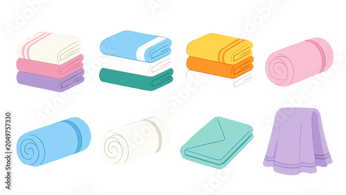 Colorful folded towels and blankets set in simple vector style