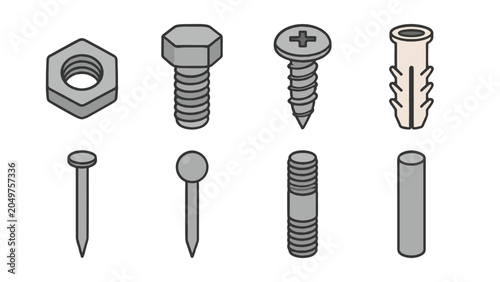 Photos Set of fastener icons with nut bolt screw nail and wall plug