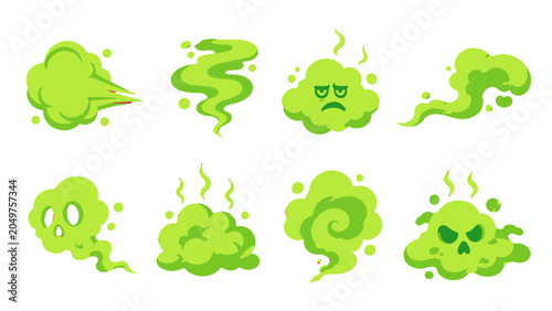 Quadro su tela Set of green toxic gas clouds and skull smoke icons