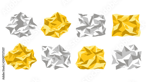 Foto Set of crumpled paper balls and sheets in gray and yellow