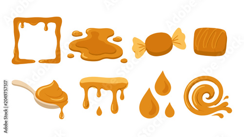 Foto Set of caramel syrup drips, candy and splash vector icons