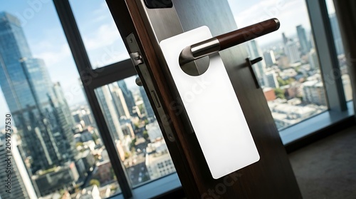 Blank hotel door hanger mockup on wooden door handle overlooking modern city skyline for travel hospitality branding