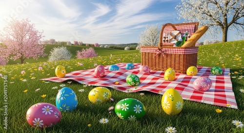 Easter picnic scene with colorful eggs.