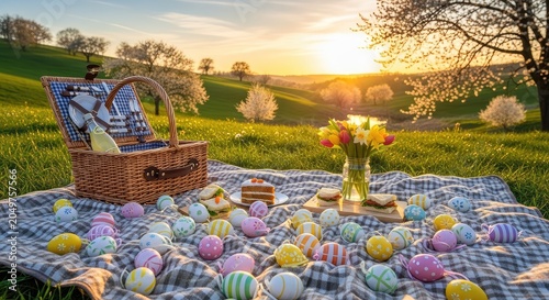 Easter picnic in green grassy field.
