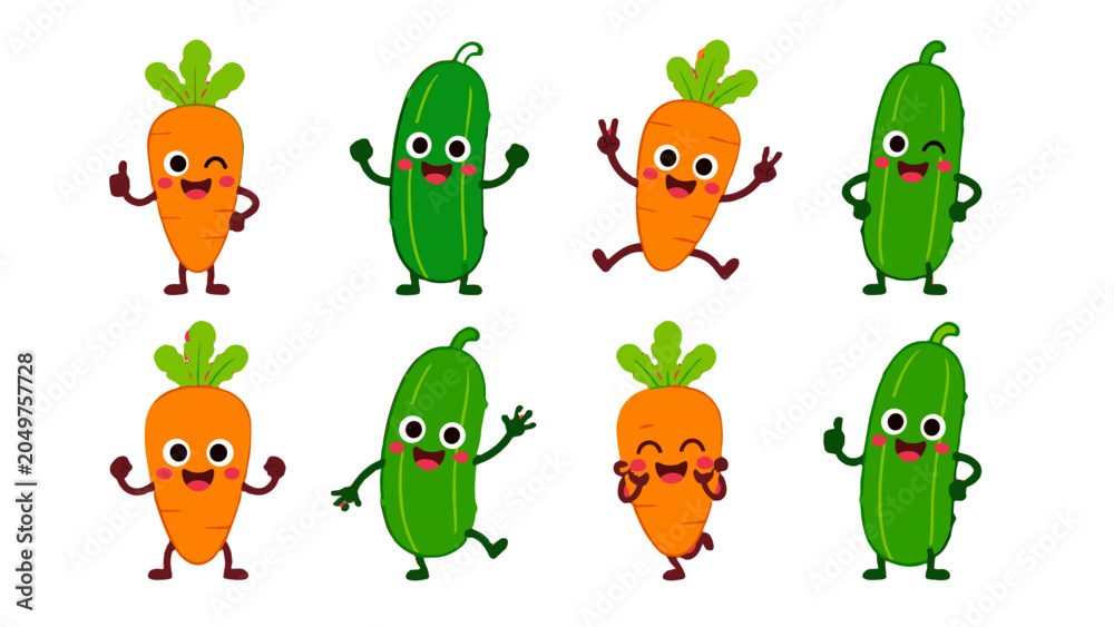 Obraz premium Cute cartoon carrot and cucumber character set on white