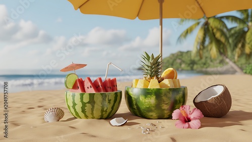 Refreshing tropical fruit bowls of watermelon and pineapple served on a sandy beach under a yellow umbrella with a coconut
