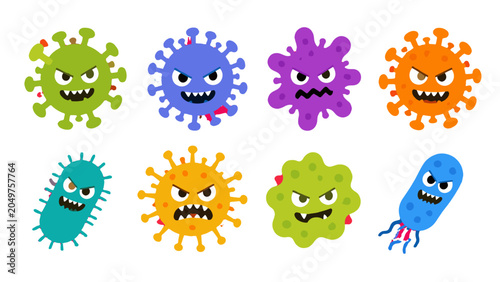 Tableau sur toile Set of colorful cartoon virus and bacteria character icons