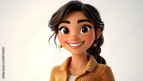 A 3D cartoon illustration of a smiling young woman with brown hair