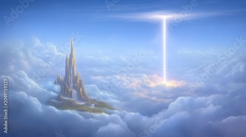 A Majestic Fantasy Sky with a Sacred Light Beam Over Cloudbound Isles and Spire