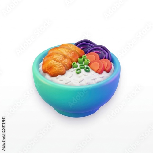 3D Illustration of a Rice Bowl with Meat and Vegetables