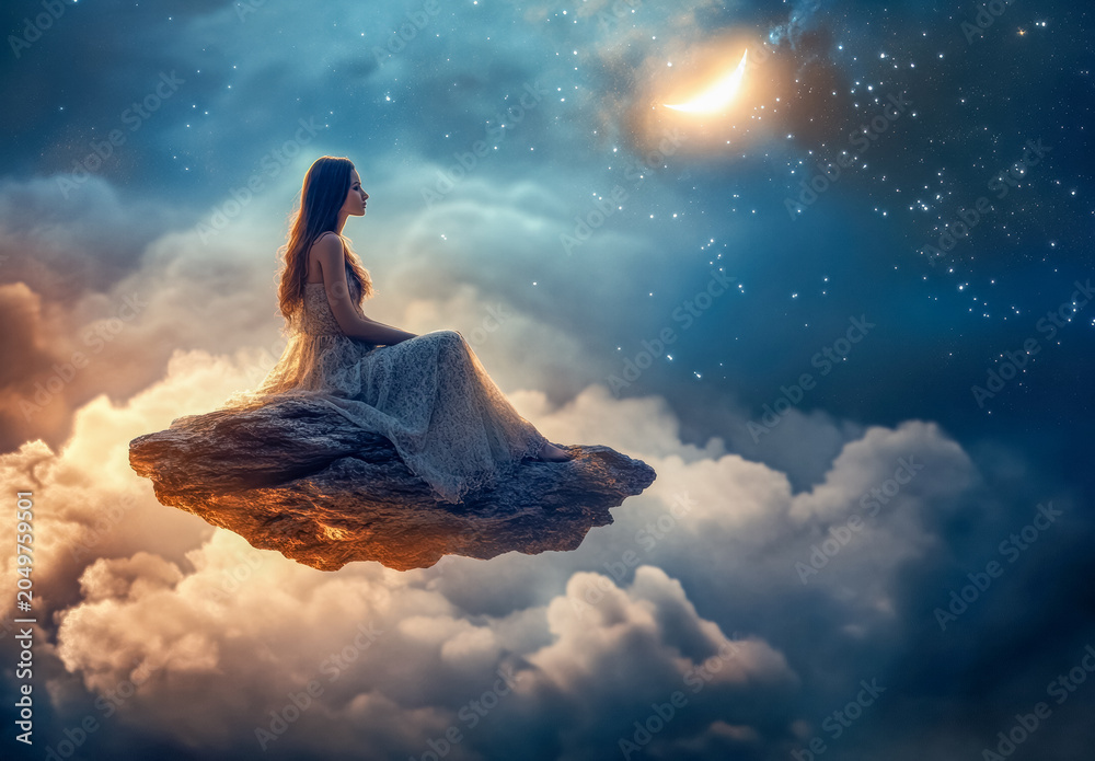 Obraz premium An illusion draing of winged angel among glowing clouds at night. Stars and large feathers fill the blue sky.