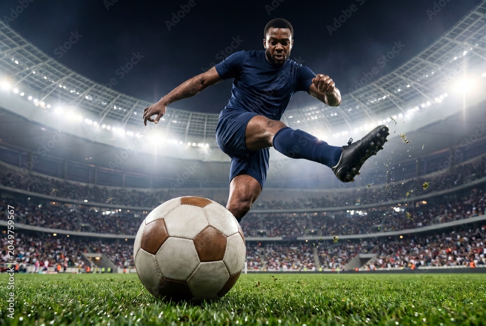 Naklejka premium Professional soccer player kicking a ball in a crowded stadium at night
