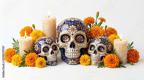 Vibrant Day of the Dead sugar skulls, a festive Dia de los Muertos celebration with traditional marigold flowers and flickering candles, a cultural holiday display.