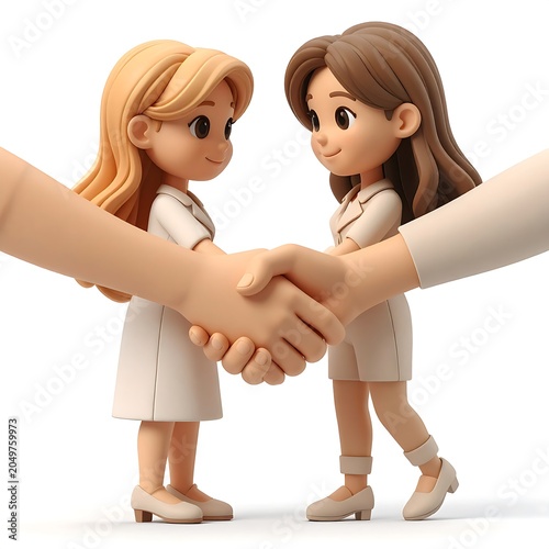 A 3D cartoon illustration of two young girls shaking hands with adults