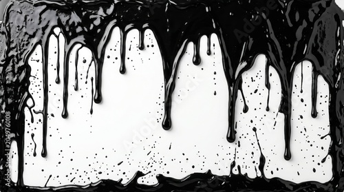 Thick black paint dripping down a pristine white background, creating abstract organic shapes and textures. A dynamic liquid paint splash, perfect for grunge, artistic