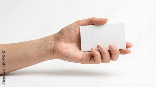 Blank white business card held by a hand, a clean minimalist template for contact information and branding, perfect for professional identity and networking.