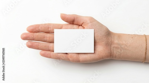 Blank white business card held in an open palm, a clean minimalist template for branding and contact information, ideal for corporate identity and networking.