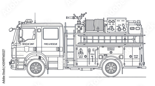 Cuadro en lienzo Fire Engine Rescue Truck Line Art Illustration