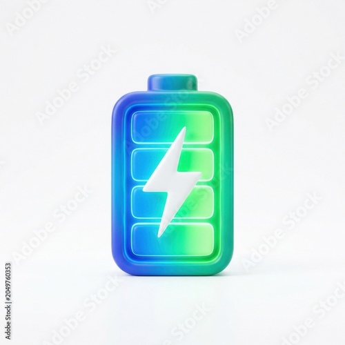 3D battery icon with lightning bolt on white background