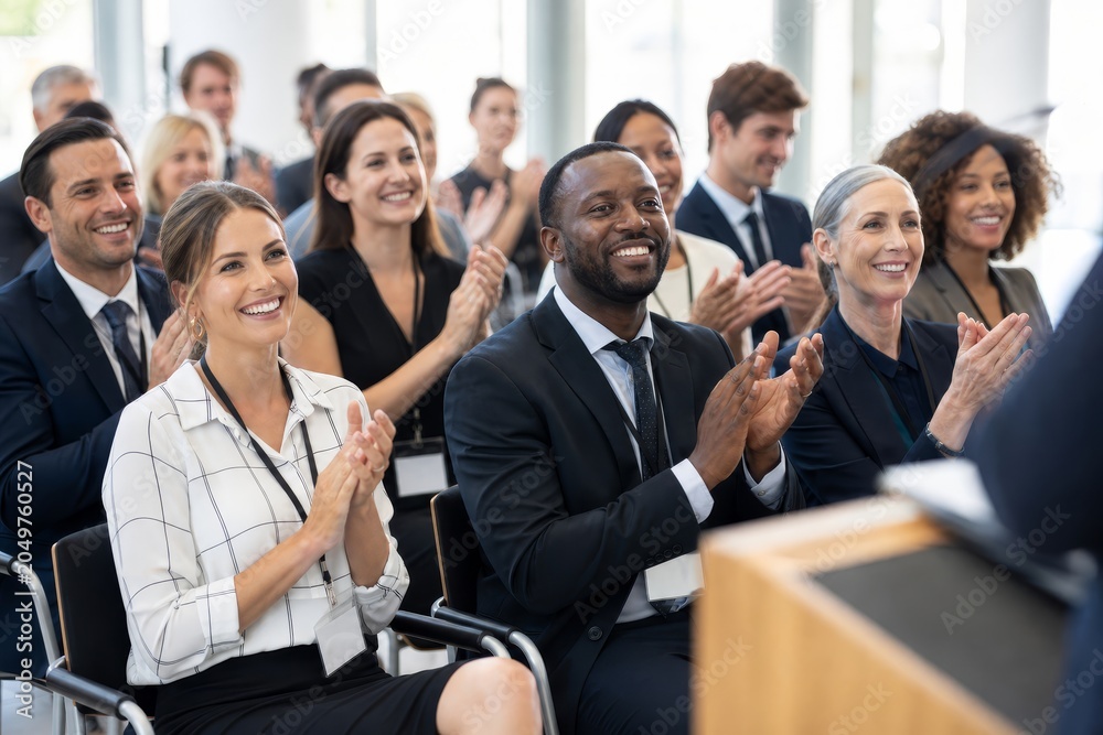 Obraz premium Diverse audience enthusiastically claps their hands during a business presentation in a brightly lit conference hall.
