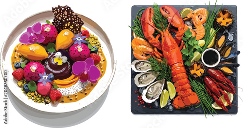 Foto Gourmet fine dining tropical fruit dessert platter vector illustration with mang