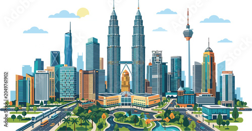 Photography Kuala Lumpur Cityscape Vector Illustration Featuring Petronas Twin Towers and KL