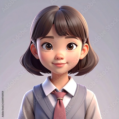 A 3D cartoon rendering of a young girl with brown hair and eyes wearing a school uniform