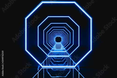 This is a 3D rendered futuristic tunnel made of repeating glowing blue octagonal neon frames, set against a dark background with symmetric perspective depth.