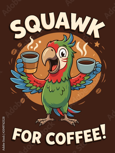 Colorful Parrot Holding Coffee Cups.