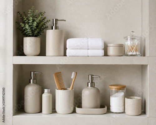 Bathroom Shelf With Neutral Toiletry Containers