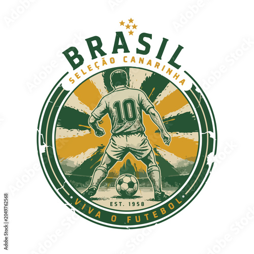 Brazil football t-shirt design, typography, retro number 10 silhouette, classic green yellow paint splashes, realistic football, nostalgic stadium atmosphere, premium vintage vecto