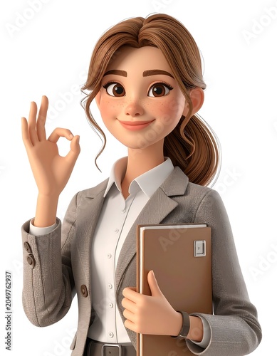A 3D cartoon woman in business attire holding a notebook and giving an okay sign