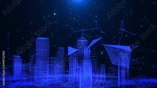 HUD Digital Skyscraper Wireframe Futuristic Technology Security Connection Interface.