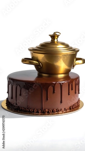 A 3D rendering of a chocolate cake with a gold pot on top