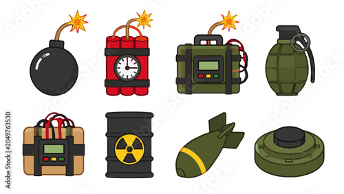 Fotografie Cartoon explosive and military hazard icons set