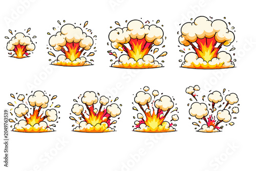 Obraz na plátne Cartoon explosion effect set with smoke and fire bursts