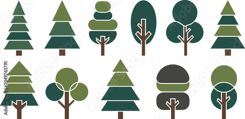 Modern Flat Tree Icon Collection Featuring Geometric Pine, Spruce, and Deciduous Forest Symbols for Minimalist Nature Branding, Sustainable Landscape Design, and Environmental Vector Graphics