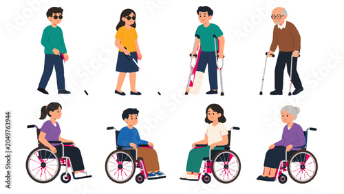 Tableau sur toile Set of people with visual impairment, crutches, and wheelchairs