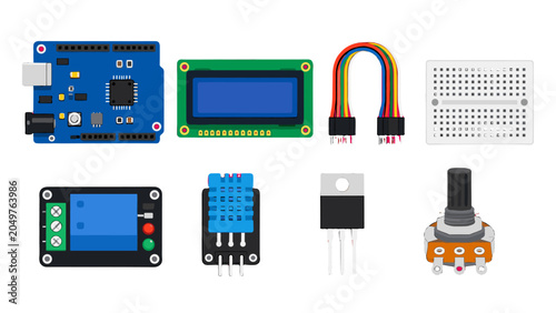 Foto Microcontroller and electronics components set isolated on white