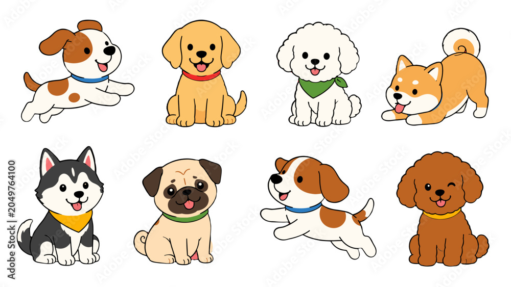 Fototapeta premium Cute cartoon dogs set with eight different puppy characters