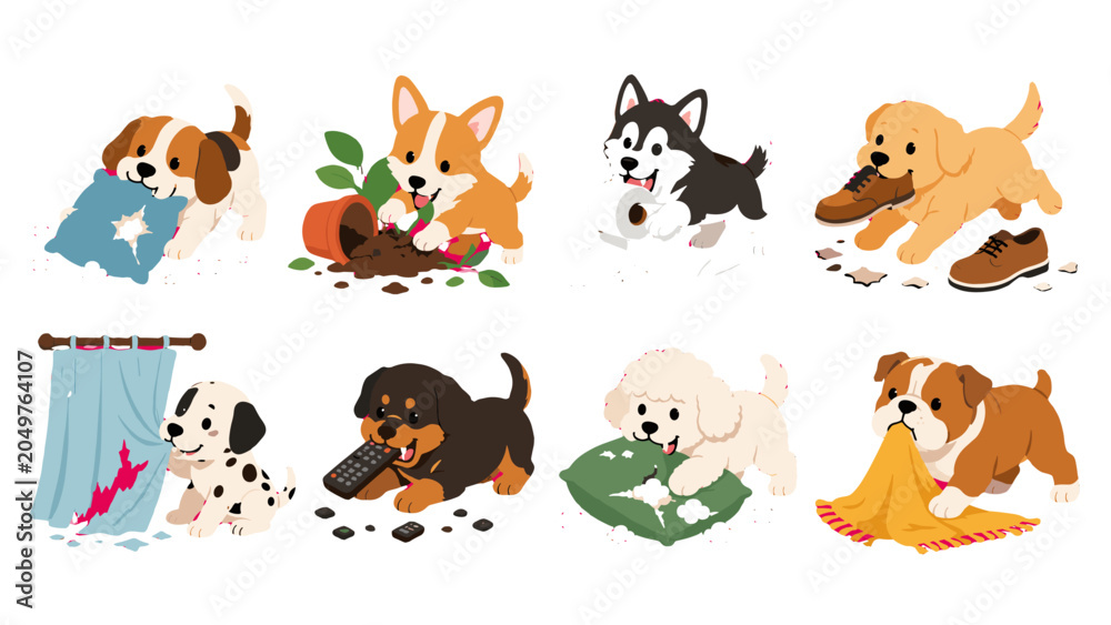 Fototapeta premium Set of playful puppy characters making messes at home