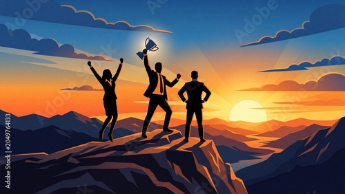 Silhouettes of a successful business team celebrating victory on a mountain peak symbolizing achievement leadership and corporate triumph at sunset