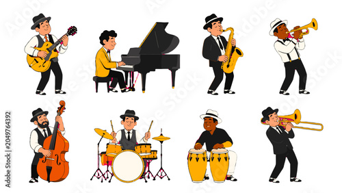 Schilderij op canvas Cartoon jazz band musicians playing assorted instruments