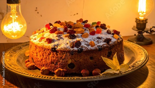 A delightful fruit cake generously adorned with plump sultanas and vibrant candied peel, resting on a decorative plate.