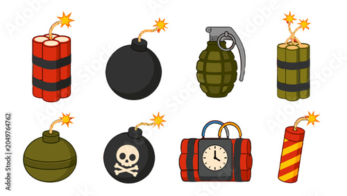 Foto Cartoon explosive bombs and grenades icon set on white